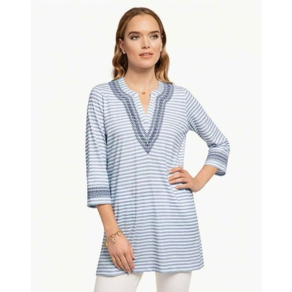 Spartina 449 Blue White Stripe Embroidered Shelley Tunic Top Preppy‎ Nautical